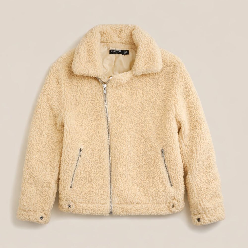 Nasty Gal Teddy Faux Fur Zip Jacket Cream Sherpa Coat US 8 (medium)